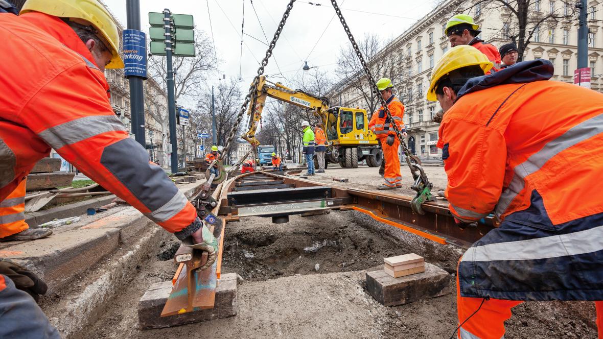 tram tracks and construction site worker