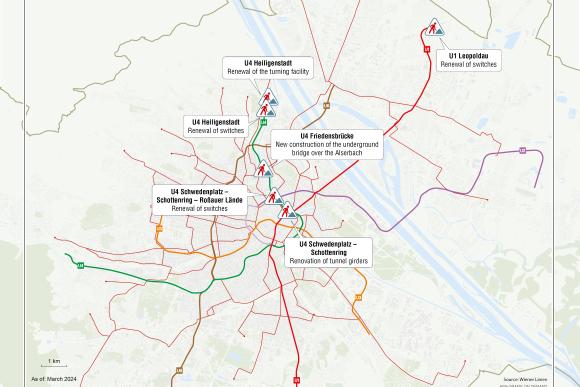 the illustration shows a map of Vienna with underground construction sites in 2024