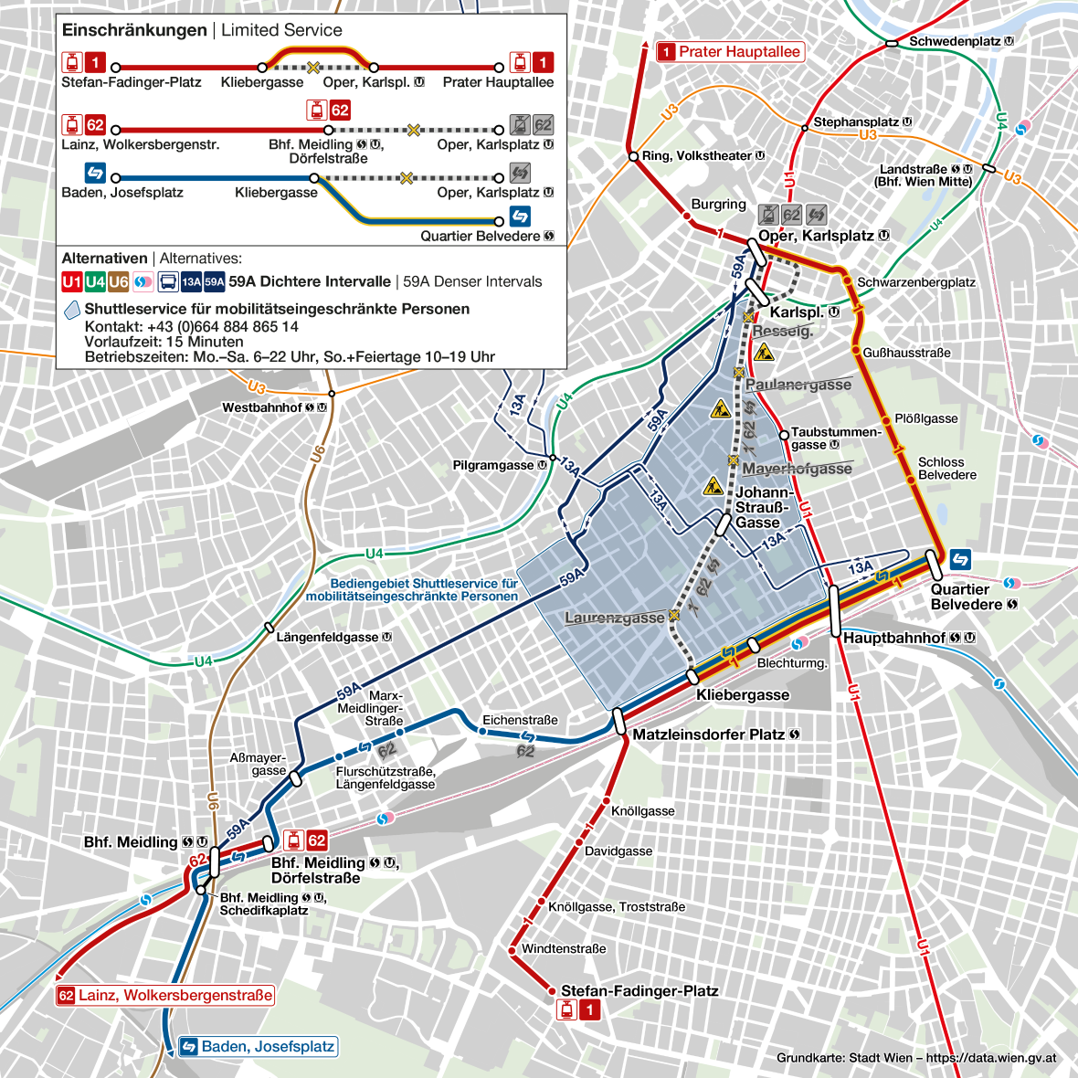 the diagram shows the public transport restrictions during the remodelling of Wiedner Hauptstraße and the area served by the free transport service for people with reduced mobility