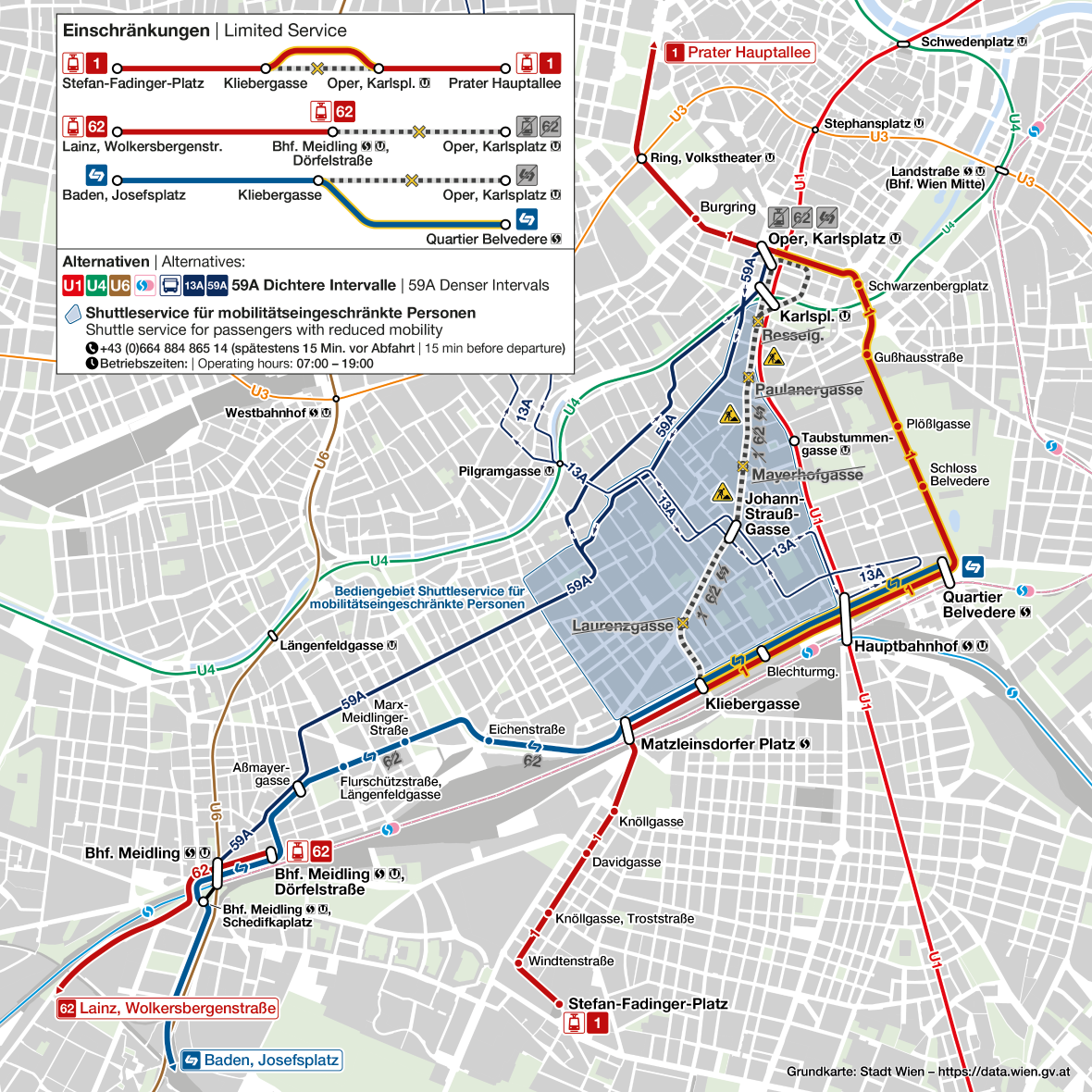 die Grafik zeigt die Öffieinschränkungen während der Umgestaltung der Wiedner Hauptstraße und das Bediengebiet des kostenlosen Fahrtendienstes für Mobilitätseingeschränkte