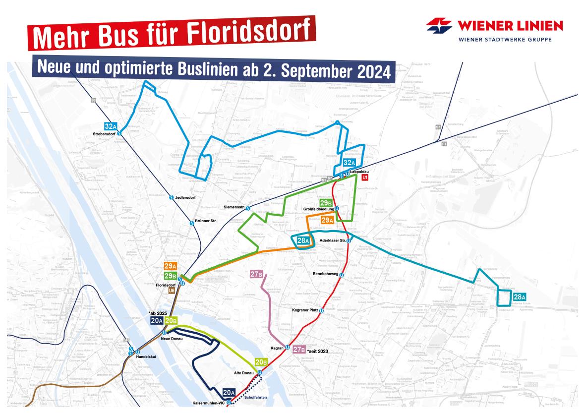 Grafik der neuen Busverbindungen in Floridsdorf