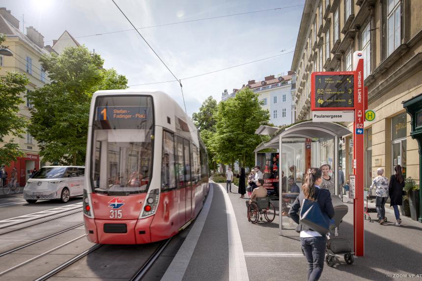 Visualisierung einer Flexity Straßenbahn bei einer neuen Haltestelle in der Wiedner Hauptstraße