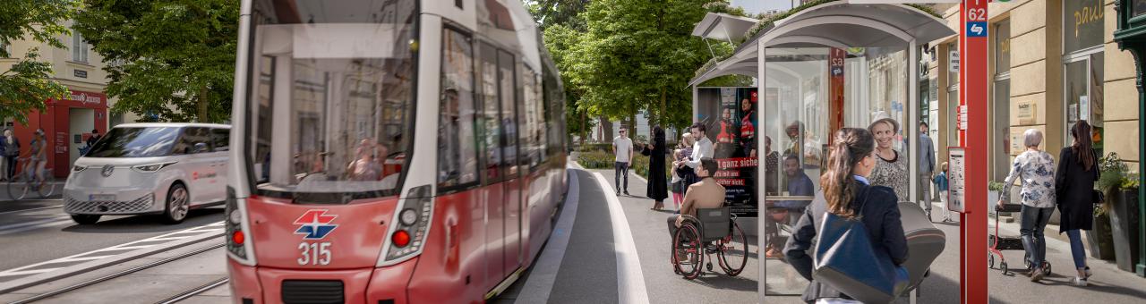 Visualisierung einer neuen barrierefreien Haltestelle mit einer Flexity Straßenbahn in der neugestalteten Wiedner Hauptstraße 