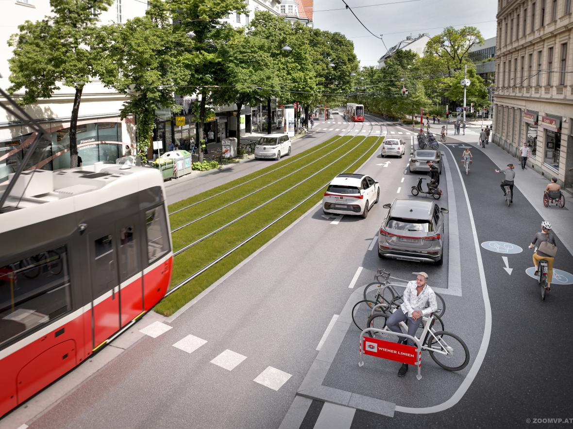 die umgebaute Wiedner Hauptstraße mit neuem Radweg und Grüngleis