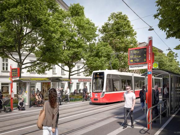 Visualisierung einer Flexity Straßenbahn in der künftigen Wiedner Hauptstraße mit vielen Bäumen Grünflächen und einem Radweg