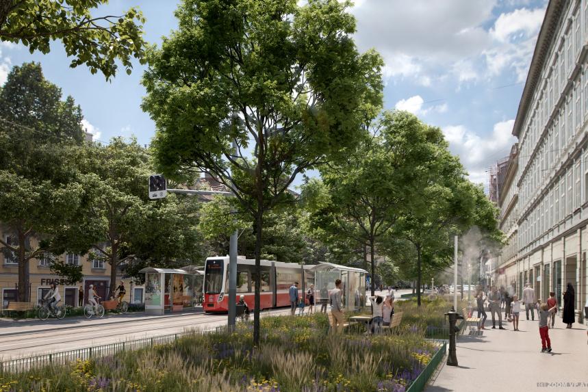 Visualisierung der grünen Wiedner Hauptstraße mit Flexity Straßenbahn