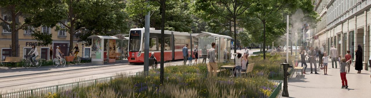 Visualisierung der Wiedner Hauptstraße mit neuen Grünflächen einem Zweirichtungsradweg und einer Flexity Straßenbahn