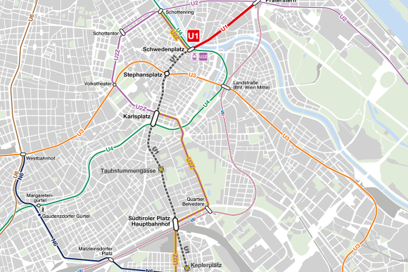 Grafik Nachtverkehr U1 geteilt U2Z bis Schwedenplatz und Reumannplatz verlängert