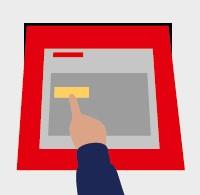 the graphic shows a ticket machine and a hand pressing a button on the screen