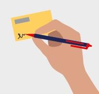 the graphic shows a hand holding a pen and writing on a Mobilpass