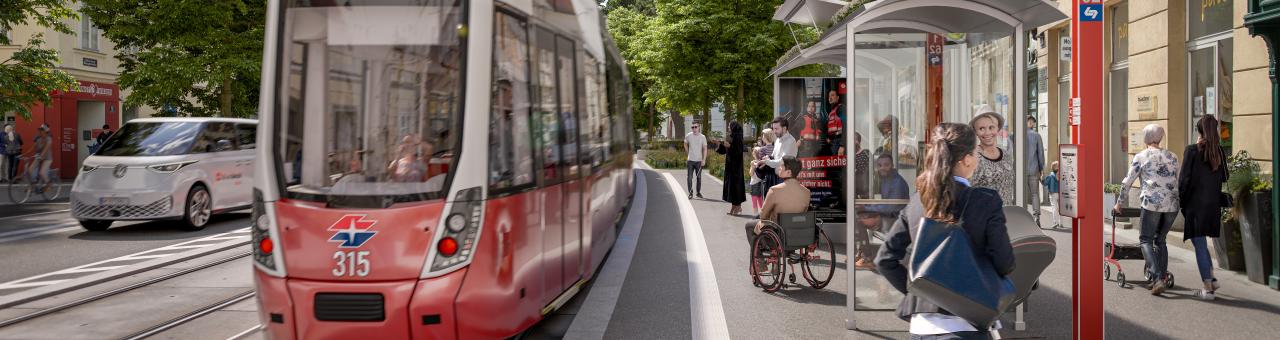 a Flexity tram with trees and bike riders