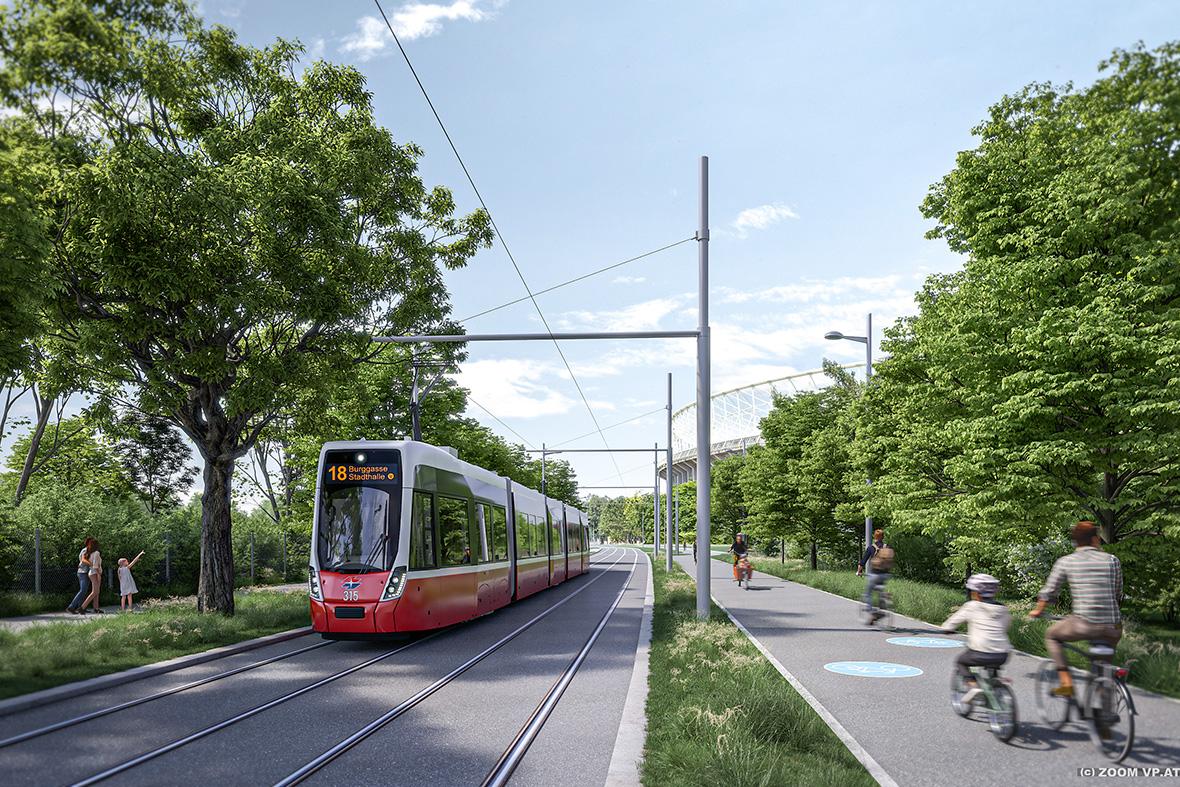 Visualisierung einer Flexity Straßenbahn auf der künftigen Strecke der Linie 18 durch den Prater rechts ein Radweg im Hintergrund das Stadion