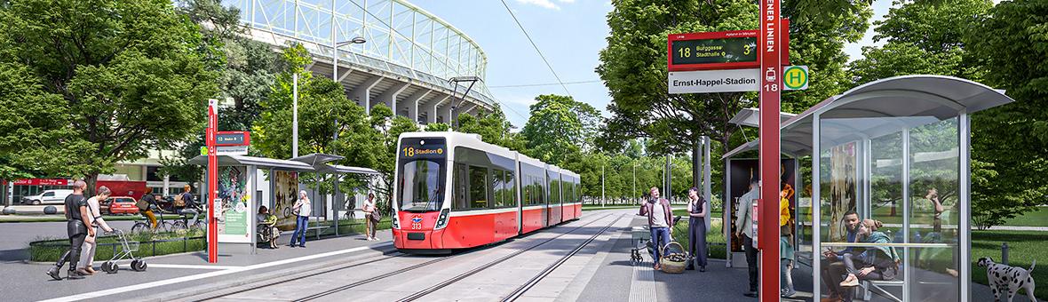 Visualisierung der künftigen Haltestelle Ernst Happel Stadion der Linie 18 im Prater im Hintergrund ist das Stadion zu sehen