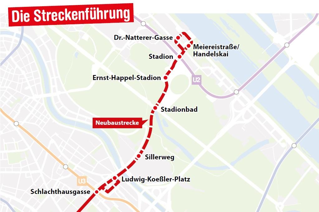 Grafik der Streckenführung der Verlängerung der Linie 18