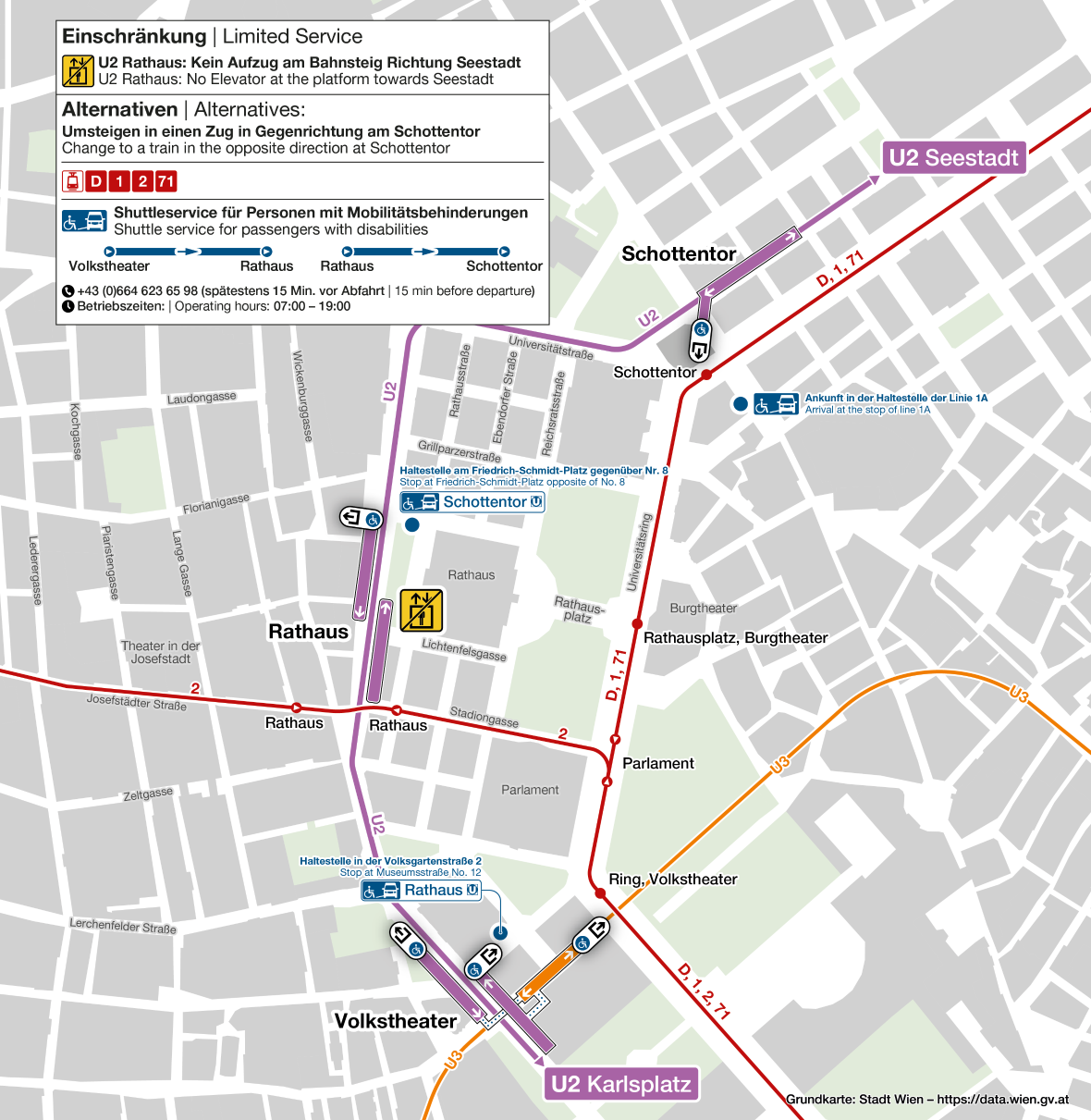 Bediengebiet des kostenlosen Fahrtendienstes für Mobilitätseingeschränkte im Bereich der U2 Station Rathaus