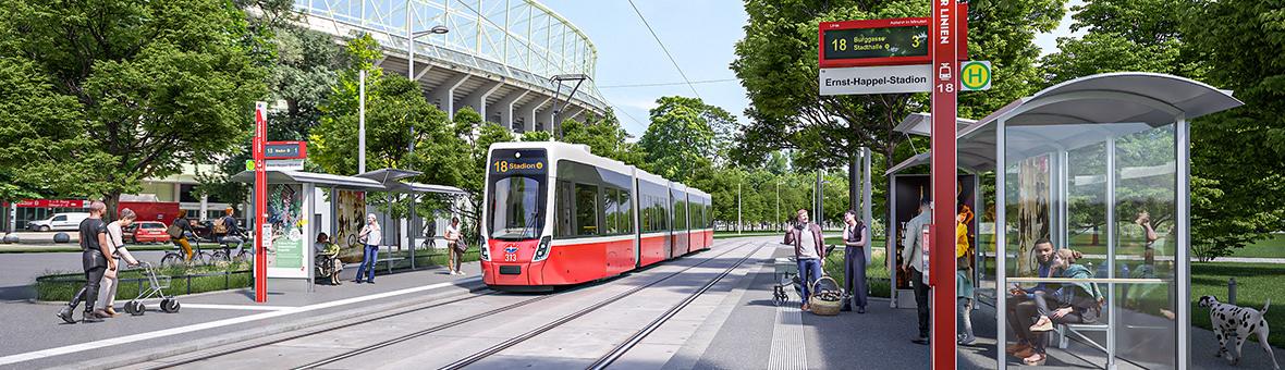 visualisation of a flexity tram of line 18 at a new tram stop in the Prater with the Ernst Happel Stadium in the background