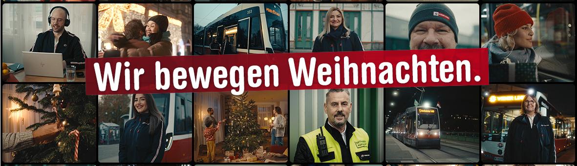 Collage aus Wiener Linien Mitarbeiter*innen und Text: Wir bewegen Weihnachten