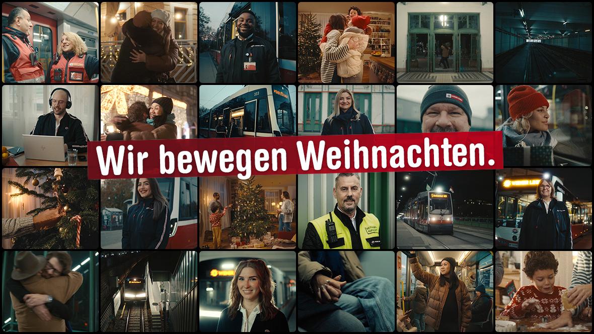 Collage aus Wiener Linien Mitarbeiter*innen und Text: Wir bewegen Weihnachten