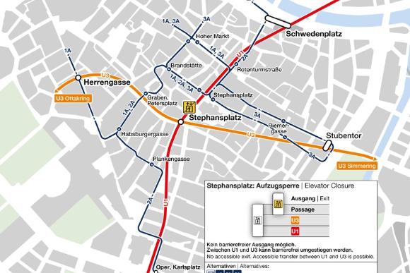 Die Grafik zeigt die Sperre des Aufzugs von der U-Bahn-Passage zur Oberfläche am Stephansplatz und die Linien und Haltestellen in der Wiener Innenstadt