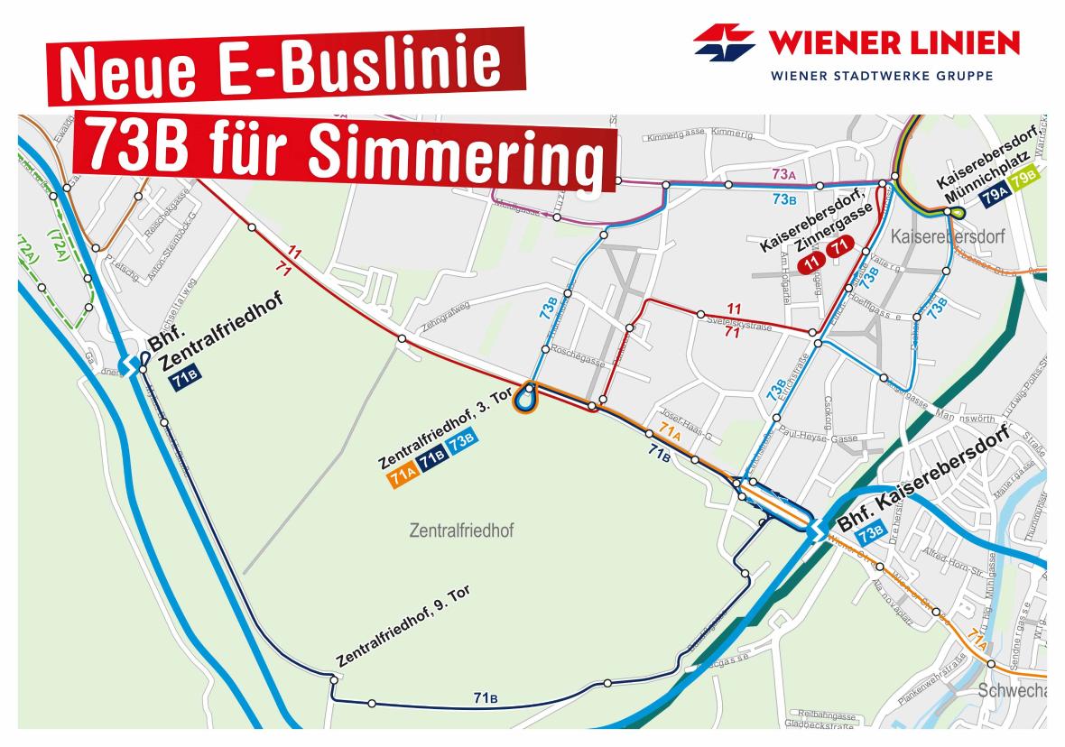 Strecke der neuen E-Buslinie 73B in Simmering