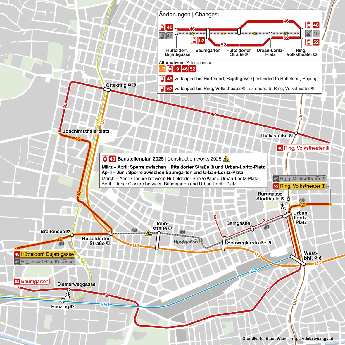 Grafik der Streckensperre Linie 49 von Hütteldorfer Straße U bis Urban Loritz Platz und alternative Verkehrsmittel